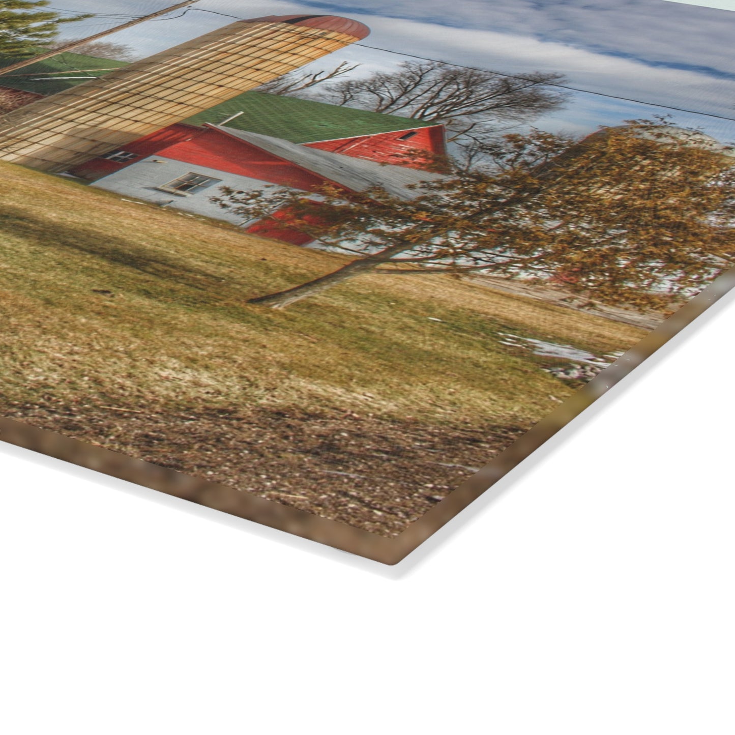 U R There Photography Newark Road Red and Silos I Rustic Farmhouse Tempered-Glass Cutting Board