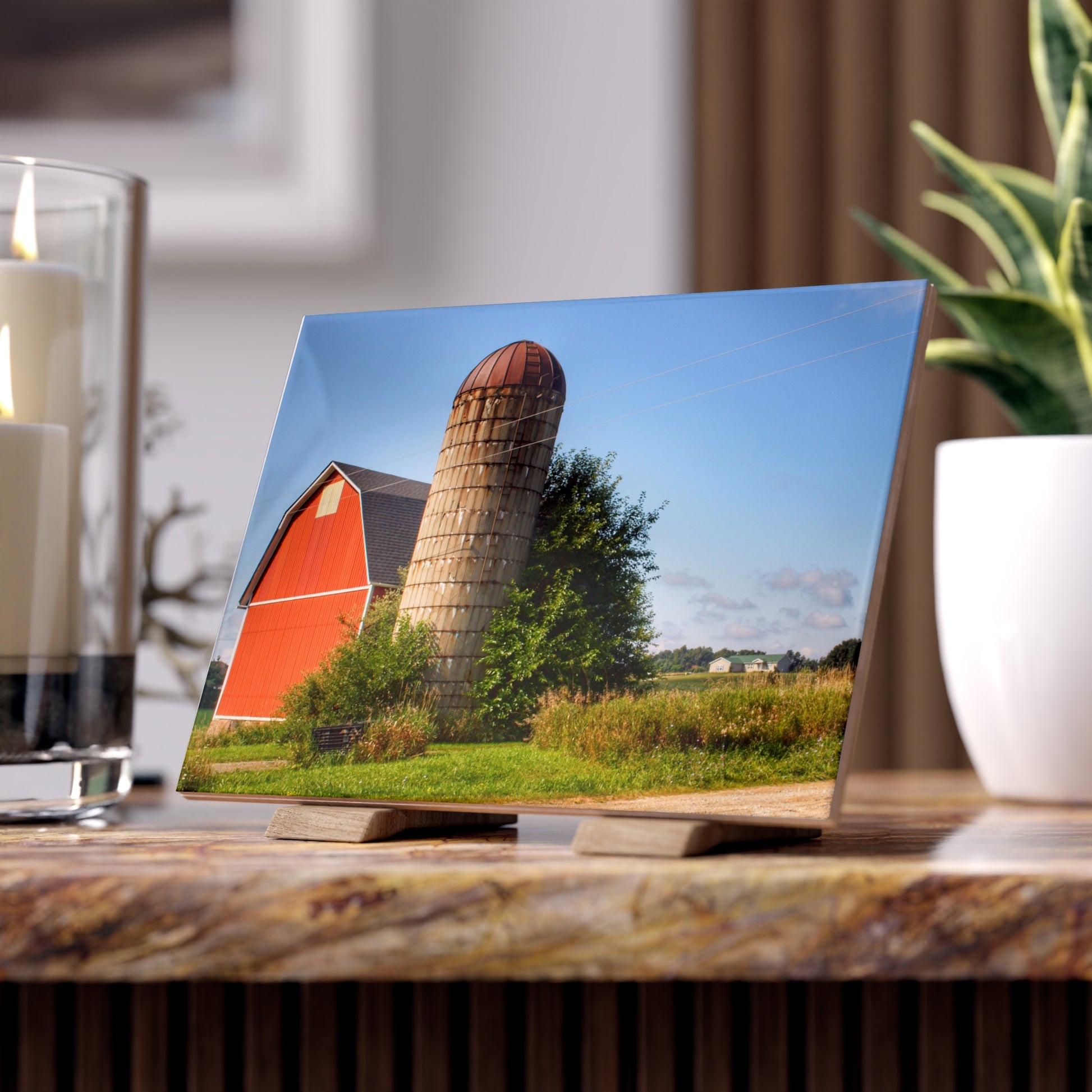 August Red and Silo Rustic Farmhouse Decorative Ceramic Tile 6" × 8" Glossy