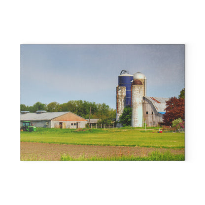 U R There Photography M-25 Old Grey and Silos Rustic Farmhouse Tempered-Glass Cutting Board