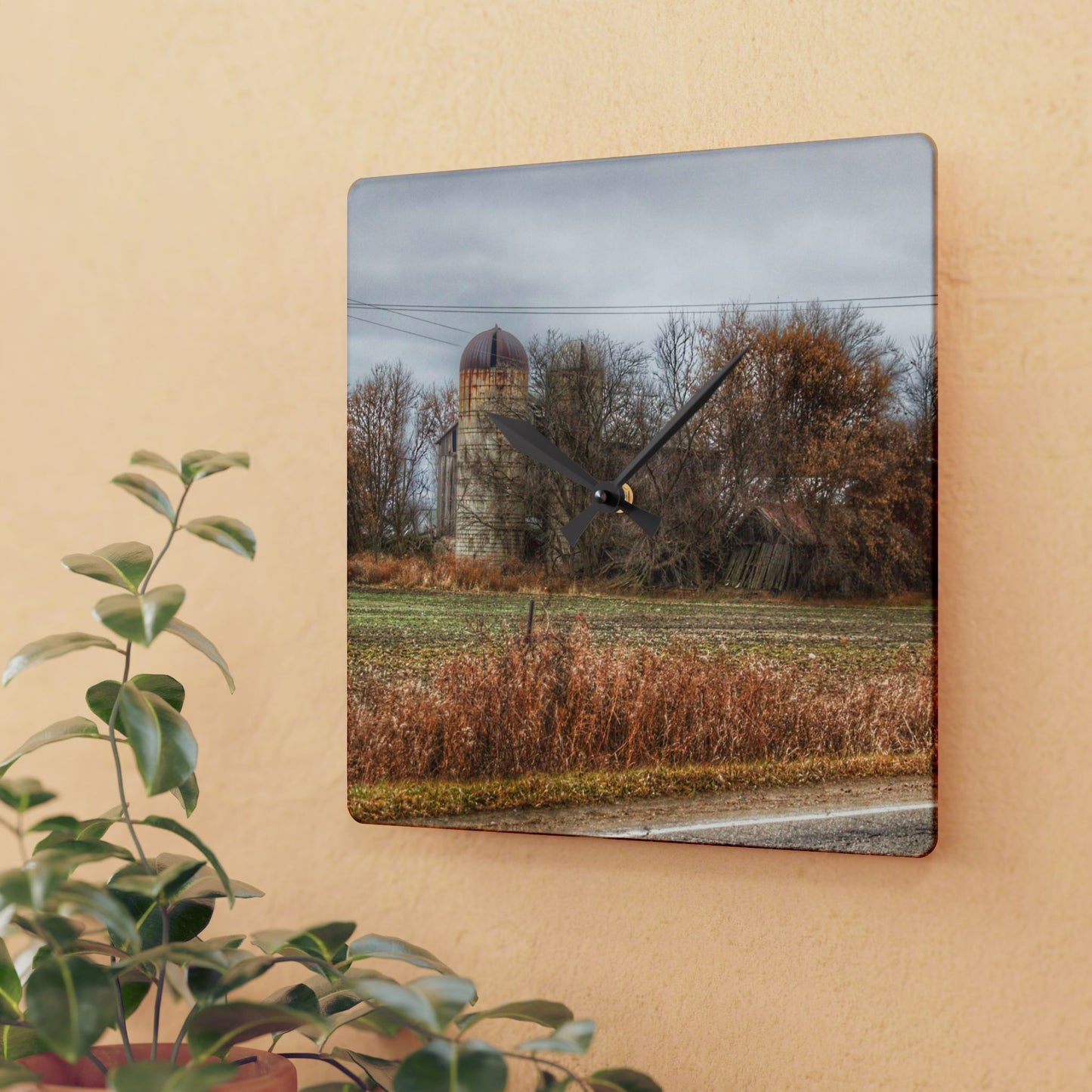 U R There Photography Burnside Road Grey II Rustic Farmhouse Acrylic Analog Wall Clock
