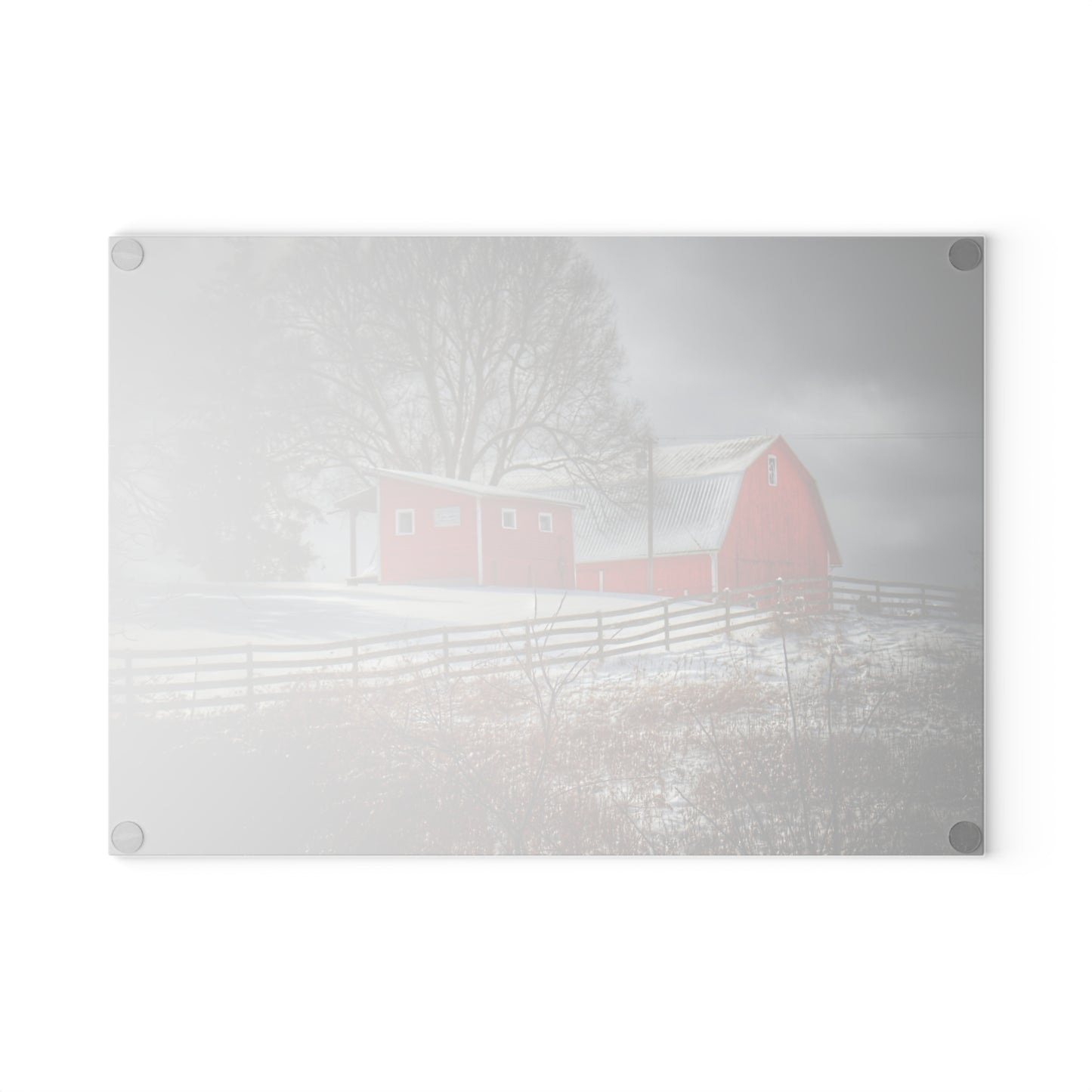 U R There Photography Catlin Red and Fence I Rustic Farmhouse Tempered-Glass Cutting Board