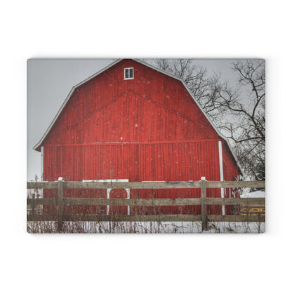 U R There Photography Big Red Beyond the Fence Rustic Farmhouse Tempered-Glass Cutting Board