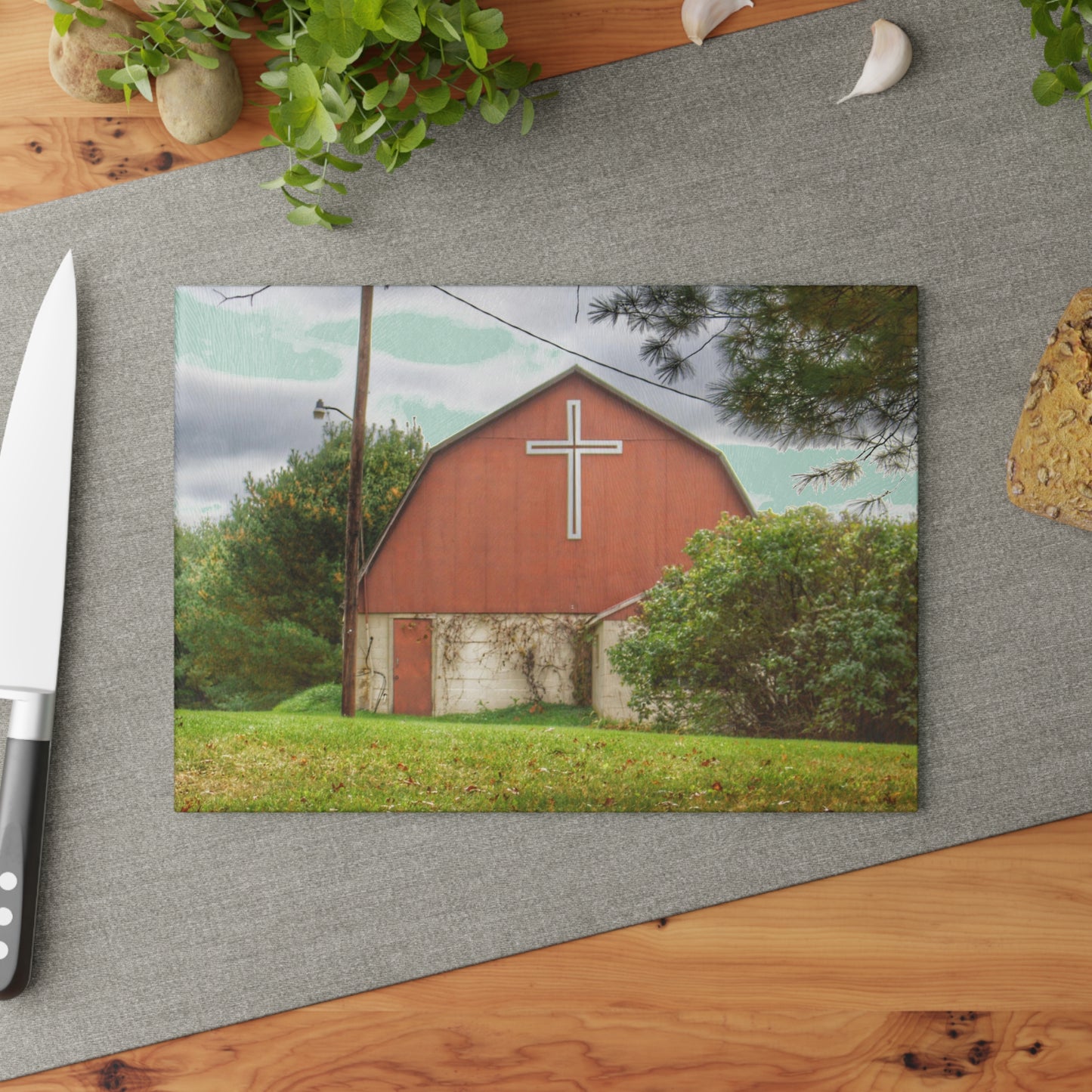 U R There Photography Flint River Road Cross Barn Rustic Farmhouse Tempered-Glass Cutting Board