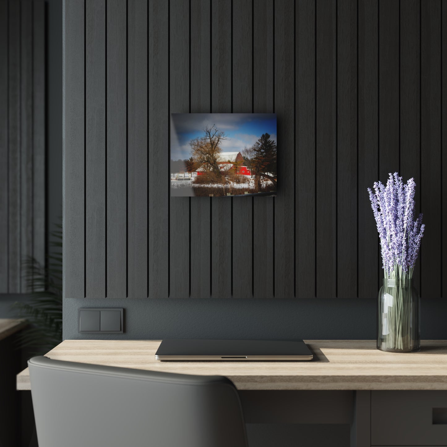 U R There Photography Hadley Road Hidden Red in Winter Rustic Farmhouse Acrylic Wall Print