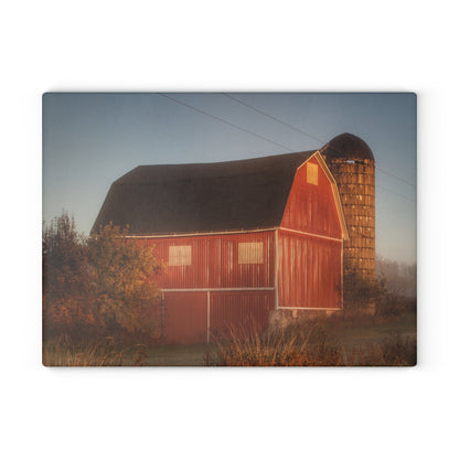 U R There Photography Klam Road Red Meets Foggy Sunrise II Rustic Farmhouse Tempered-Glass Cutting Board
