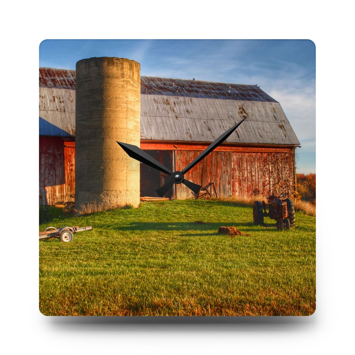 U R There Photography Peck Road Red and Silo Rustic Farmhouse Acrylic Analog Wall Clock