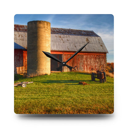 U R There Photography Peck Road Red and Silo Rustic Farmhouse Acrylic Analog Wall Clock