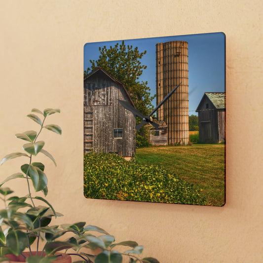 U R There Photography Swaffer Mini Greys and Silos Rustic Farmhouse Acrylic Analog Wall Clock