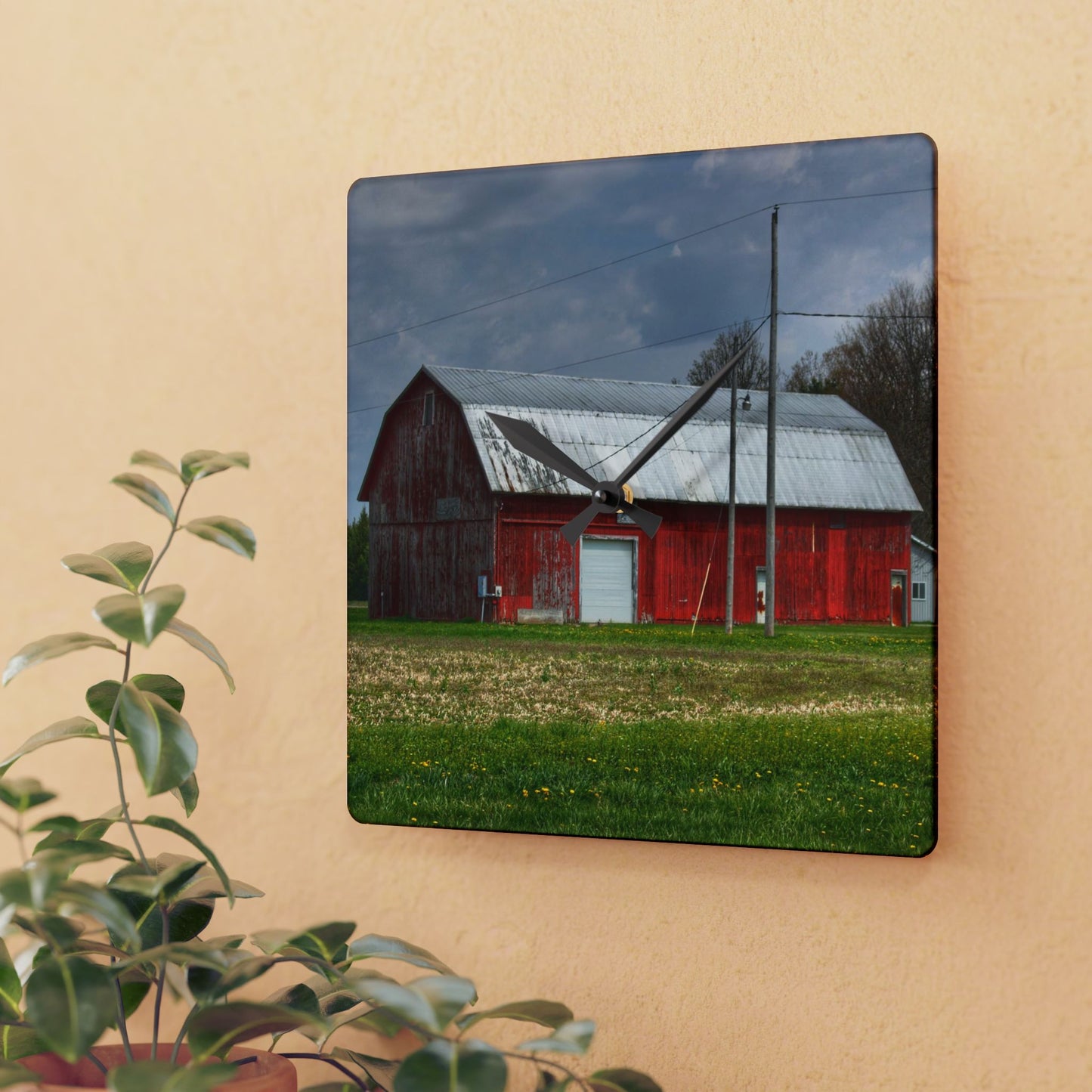 U R There Photography Coldwater Road Red I Rustic Farmhouse Acrylic Analog Wall Clock