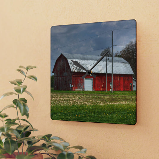 U R There Photography Coldwater Road Red I Rustic Farmhouse Acrylic Analog Wall Clock