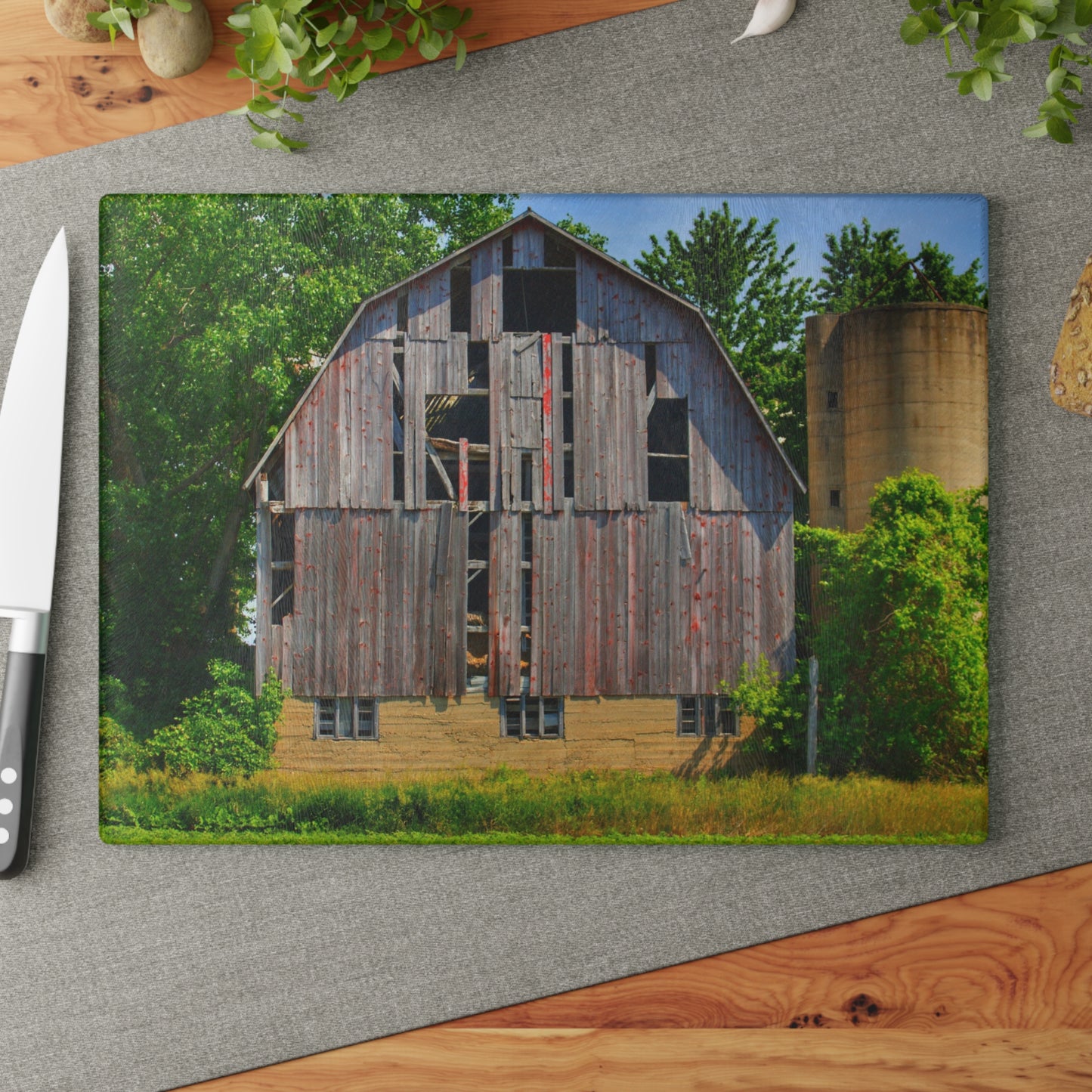U R There Photography Mushroom Road Red and Silo Rustic Farmhouse Tempered-Glass Cutting Board