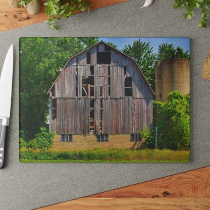 U R There Photography Mushroom Road Red and Silo Rustic Farmhouse Tempered-Glass Cutting Board