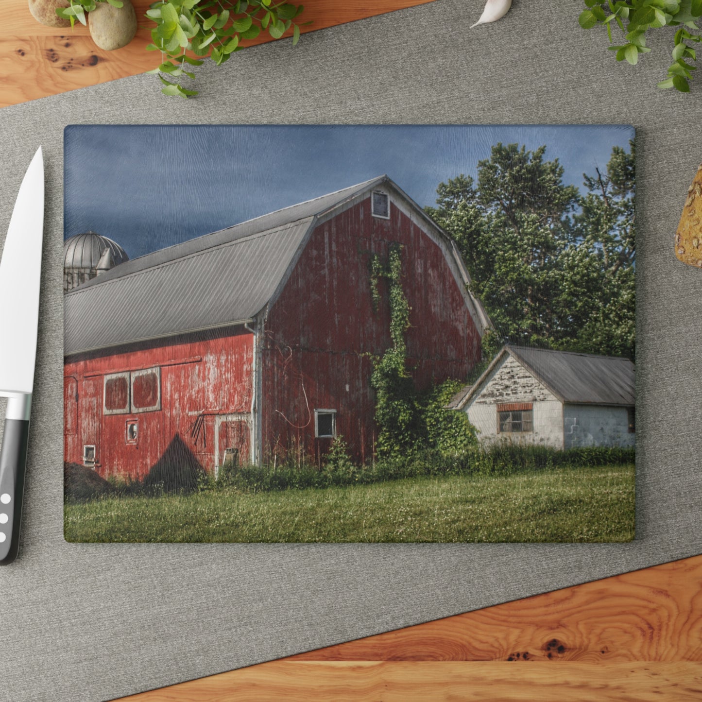 U R There Photography Stanley Road Red in Summer I Rustic Farmhouse Tempered-Glass Cutting Board