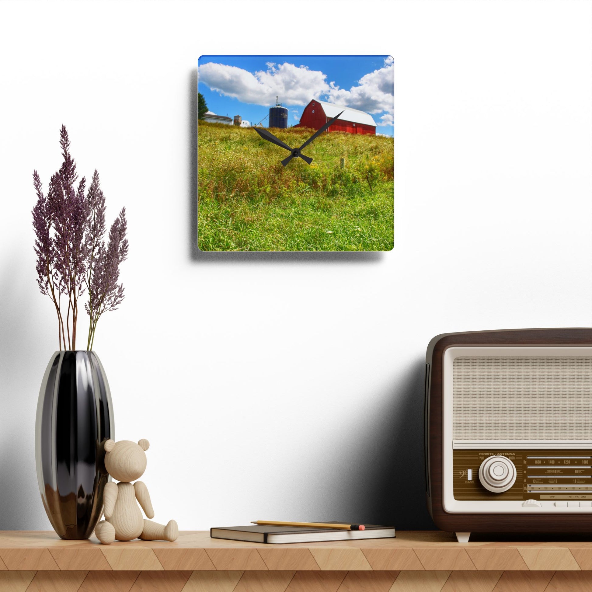 U R There Photography South Henderson Road Hilltop Red I Rustic Farmhouse Acrylic Analog Wall Clock 10.75'' × 10.75'' (Square)