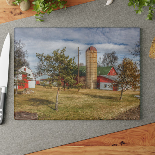 U R There Photography Newark Road Red and Silos I Rustic Farmhouse Tempered-Glass Cutting Board