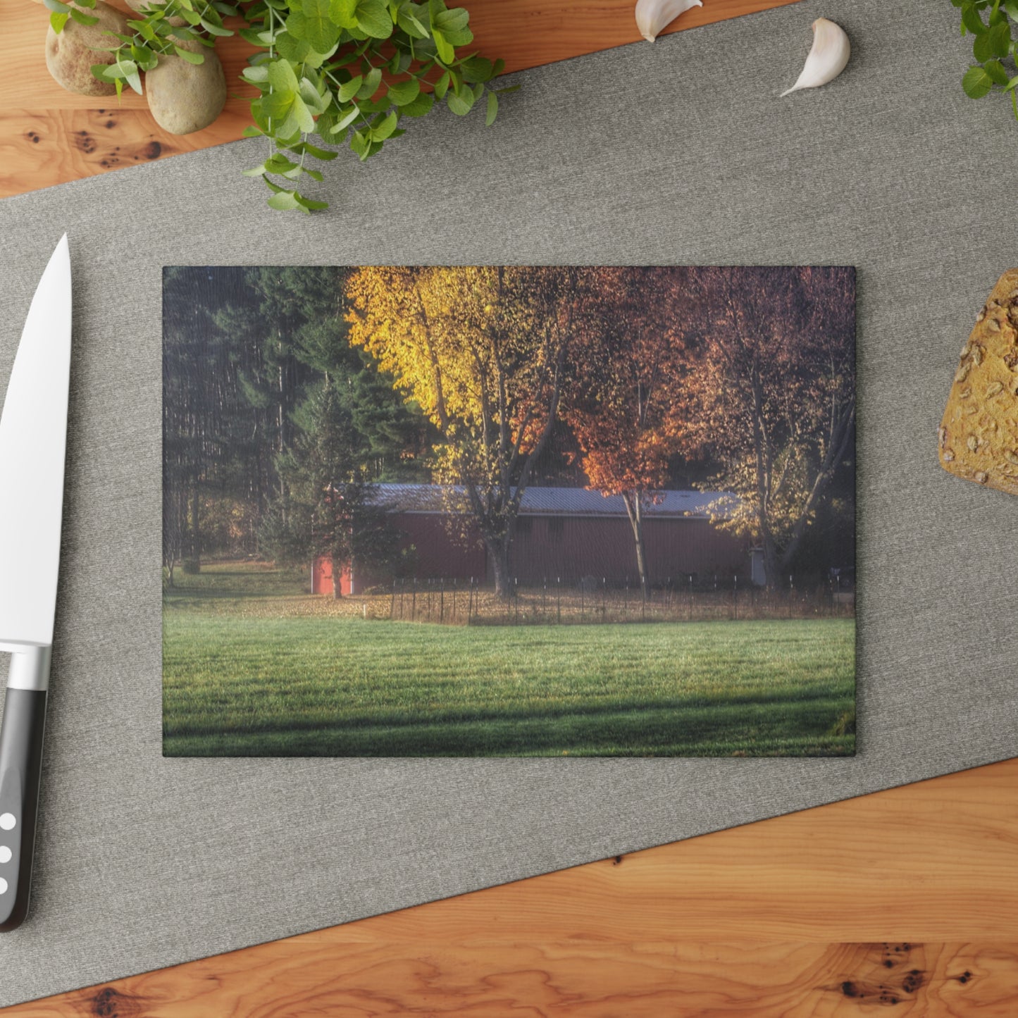 Barn Boutique Rustic Tempered-Glass Cutting Board| Red Barn on Foggy Fall Morning