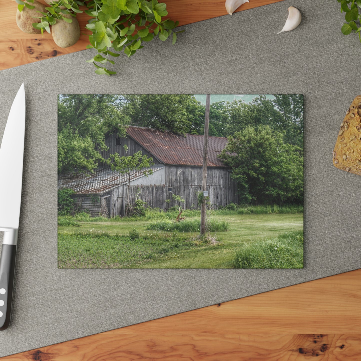 U R There Photography Frankenmuth Grey Saltbox Rustic Farmhouse Tempered-Glass Cutting Board