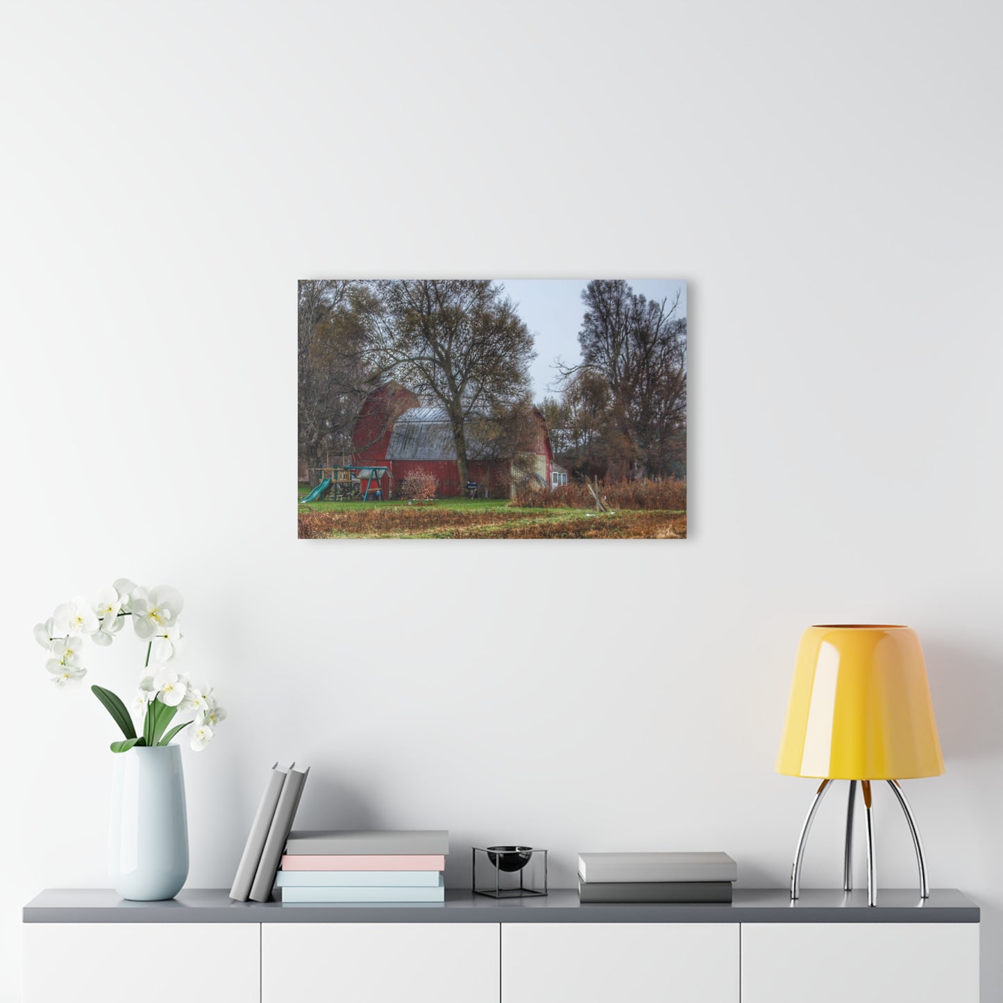 U R There Photography Dryden Road Reds and Playscape Rustic Farmhouse Acrylic Wall Print