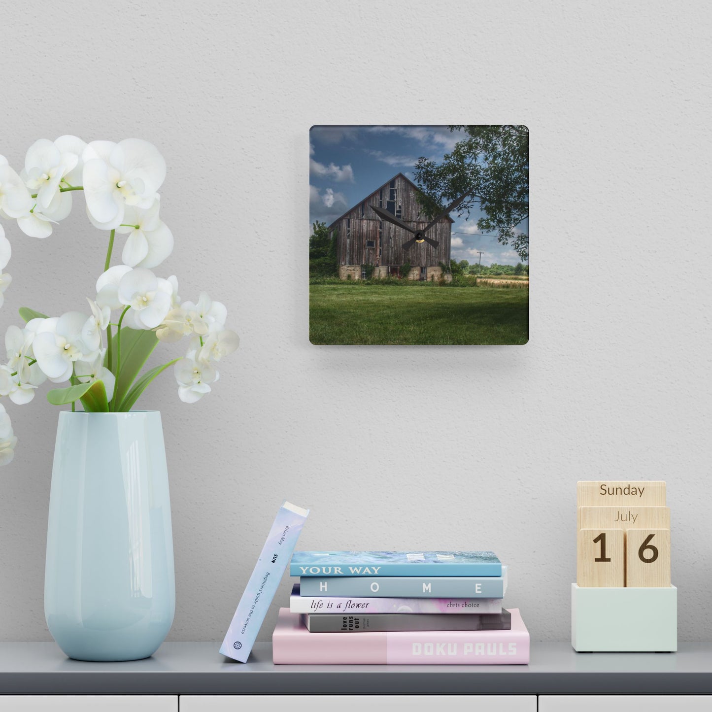 U R There Photography Bohms Road Grey I Rustic Farmhouse Acrylic Analog Wall Clock