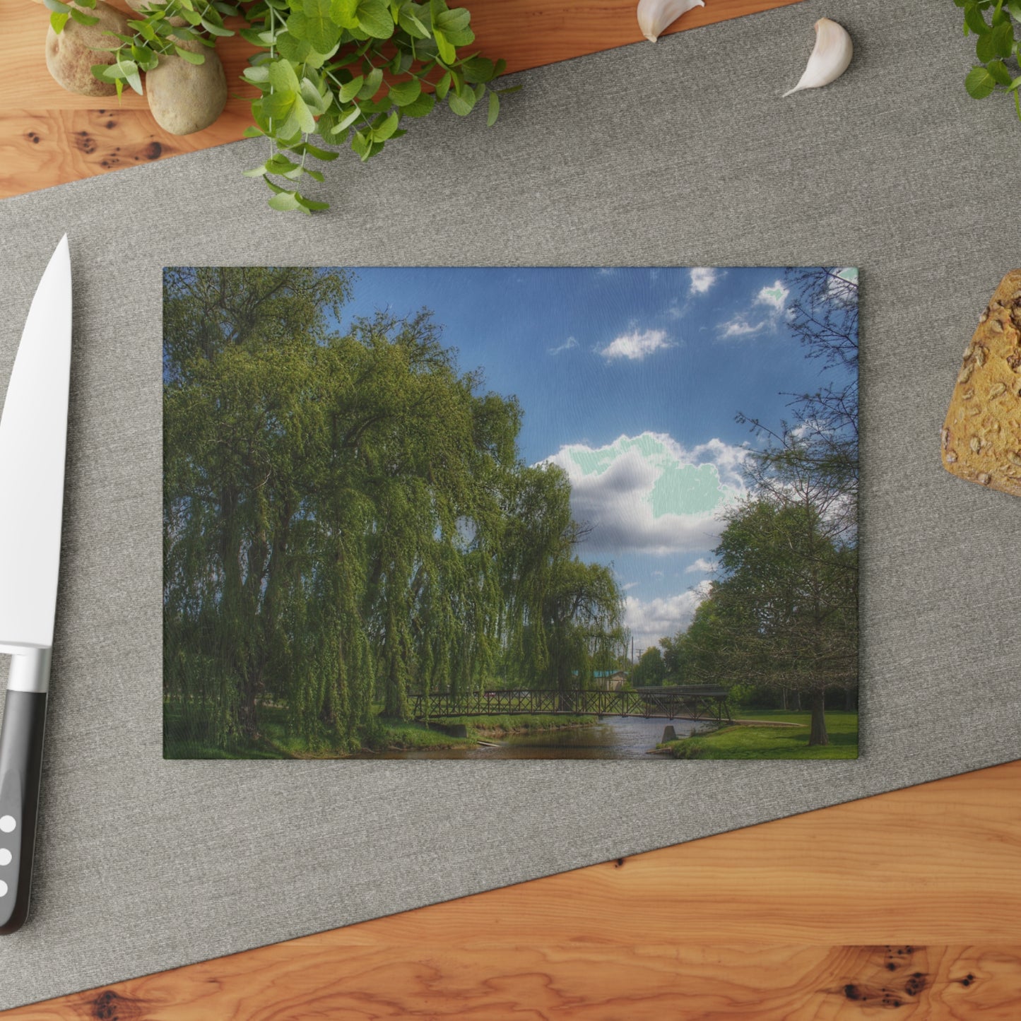 Barn Boutique Rustic Tempered-Glass Cutting Board| Crampton Park Bridge in Lapeer I