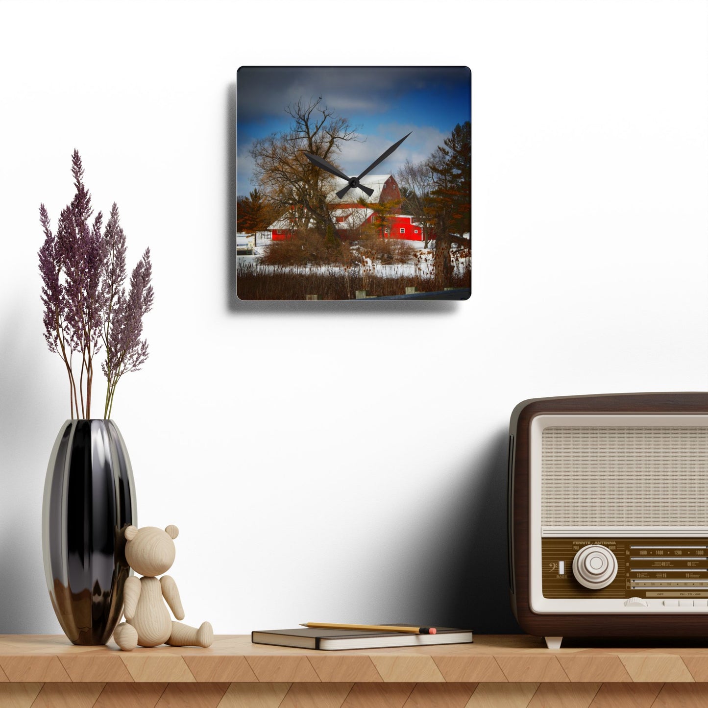 U R There Photography Hadley Road Hidden Red in Winter Rustic Farmhouse Acrylic Analog Wall Clock