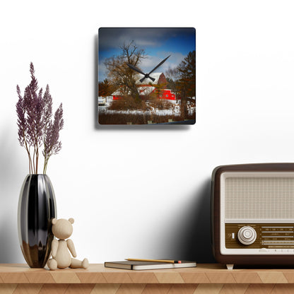 U R There Photography Hadley Road Hidden Red in Winter Rustic Farmhouse Acrylic Analog Wall Clock