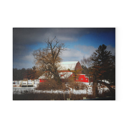 U R There Photography Hadley Road Hidden Winter Red Rustic Farmhouse Tempered-Glass Cutting Board