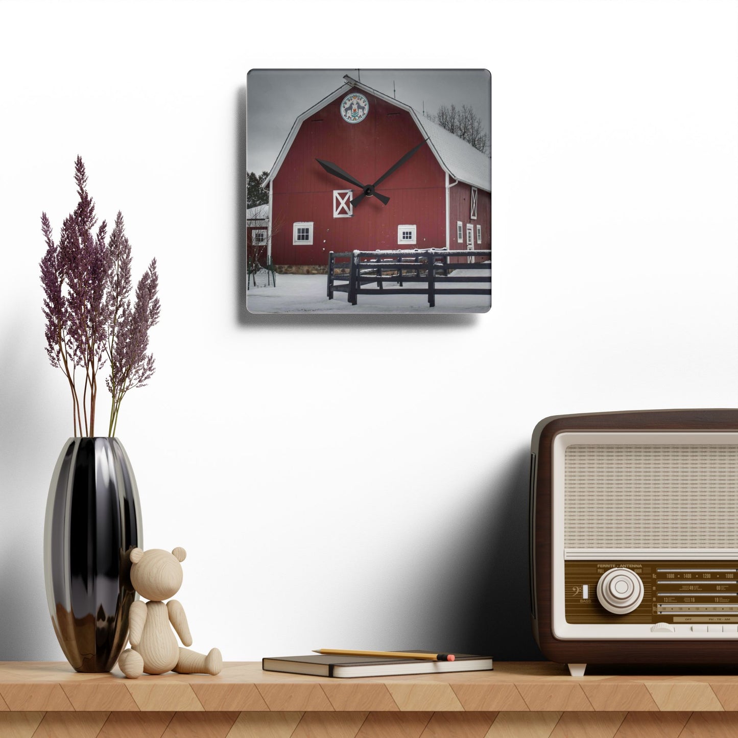 U R There Photography Barns of Barber Road III Rustic Farmhouse Acrylic Analog Wall Clock