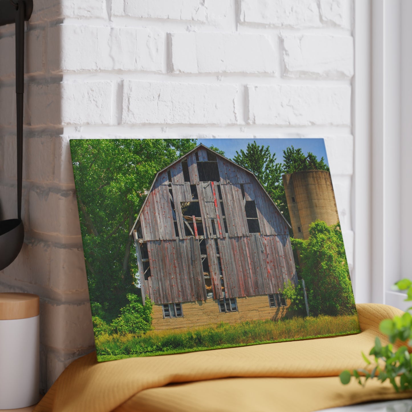 U R There Photography Mushroom Road Red and Silo Rustic Farmhouse Tempered-Glass Cutting Board