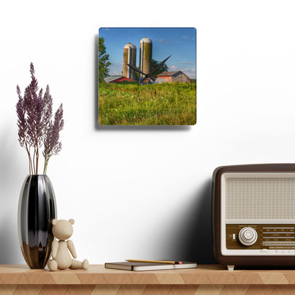 U R There Photography Morrish Road Silos II Rustic Farmhouse Acrylic Analog Wall Clock