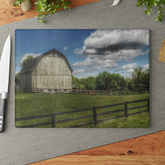 Barn Boutique Rustic Tempered-Glass Cutting Board| White Barn on a Sunny Day