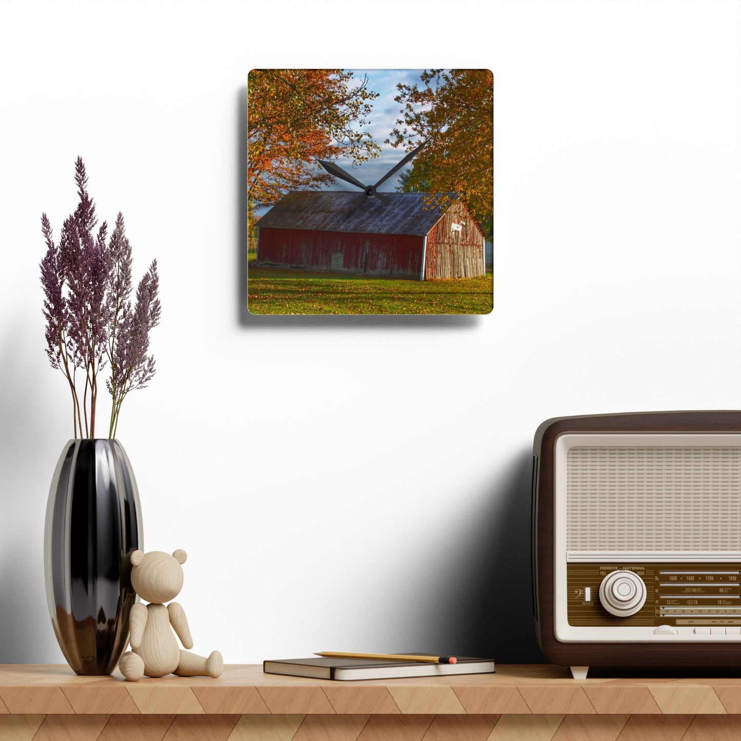 U R There Photography Marlette Road Fall Red Rustic Farmhouse Acrylic Analog Wall Clock