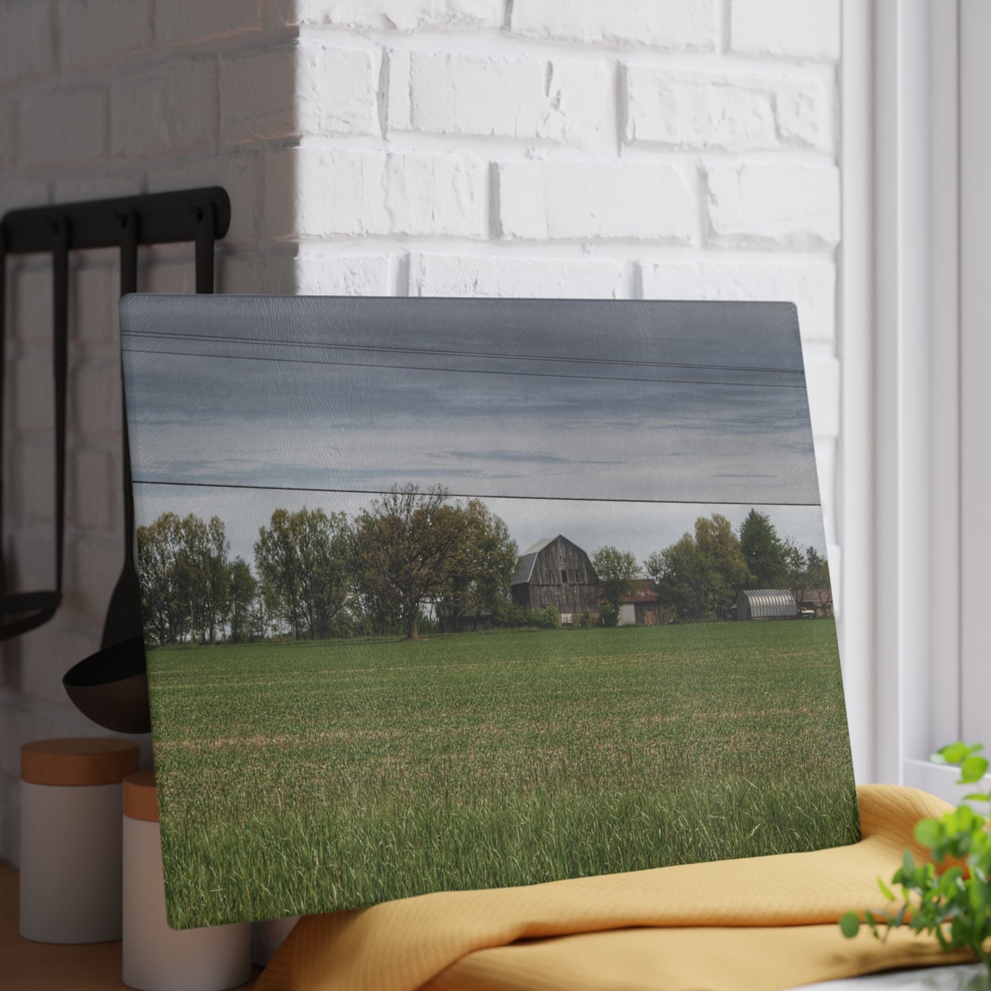 U R There Photography Old Grey Across the Field Rustic Farmhouse Tempered-Glass Cutting Board