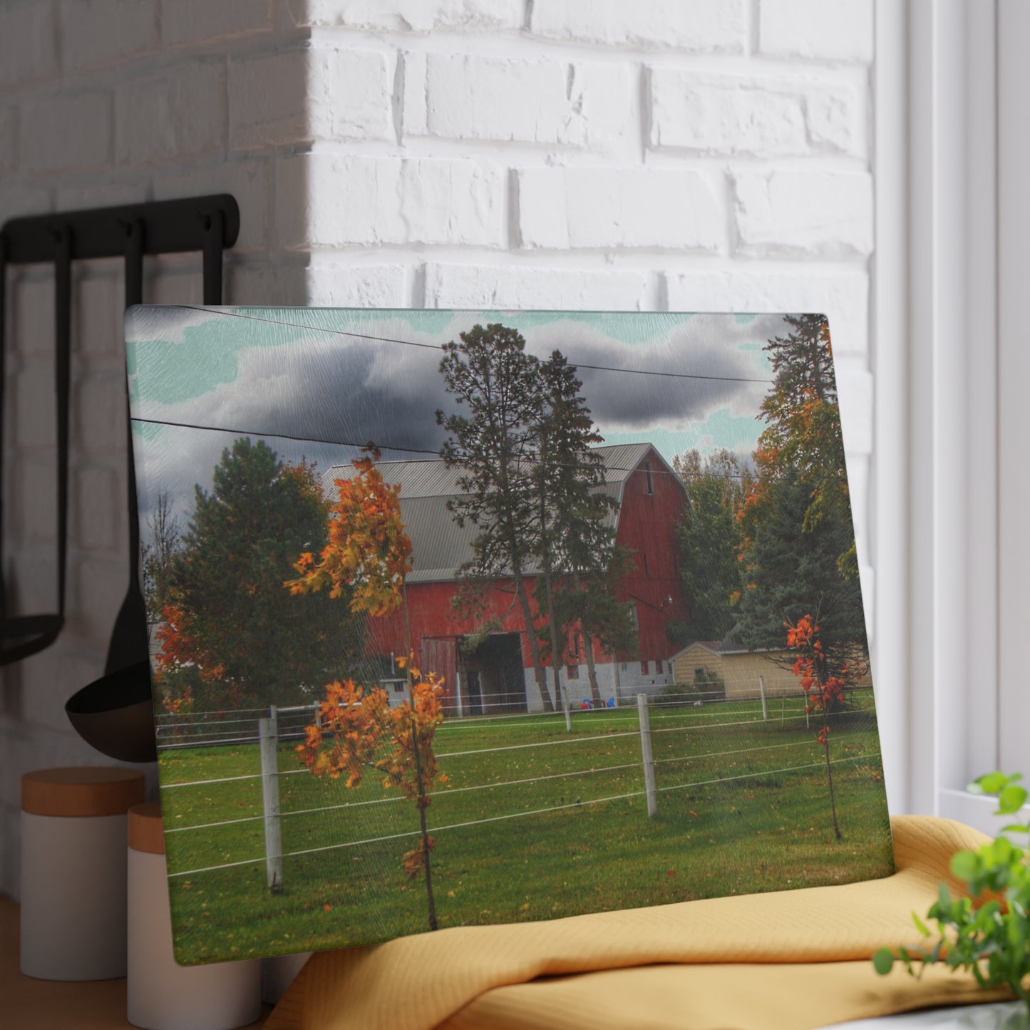 U R There Photography Farnsworth Road Red I Rustic Farmhouse Tempered-Glass Cutting Board