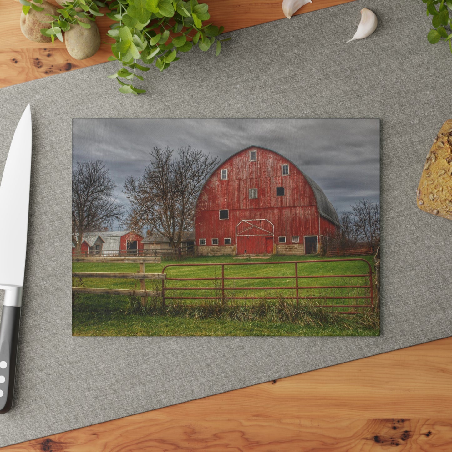 U R There Photography Beyond the Fence Red Rustic Farmhouse Tempered-Glass Cutting Board