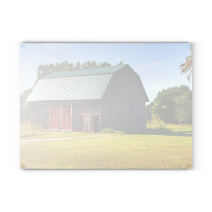 U R There Photography Red Door Barn of Mount Morris Road Rustic Farmhouse Tempered-Glass Cutting Board