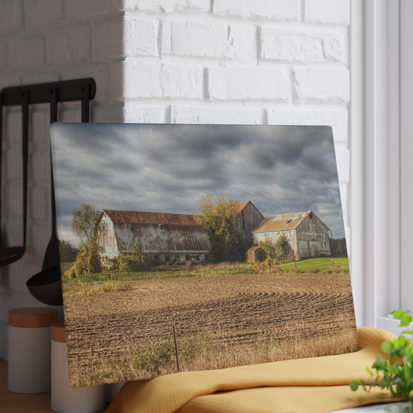 U R There Photography Newark Road Whites Rustic Farmhouse Tempered-Glass Cutting Board