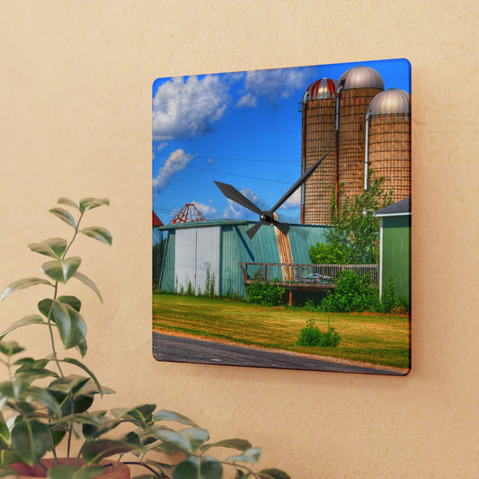U R There Photography Morrish Road Silos I Rustic Farmhouse Acrylic Analog Wall Clock