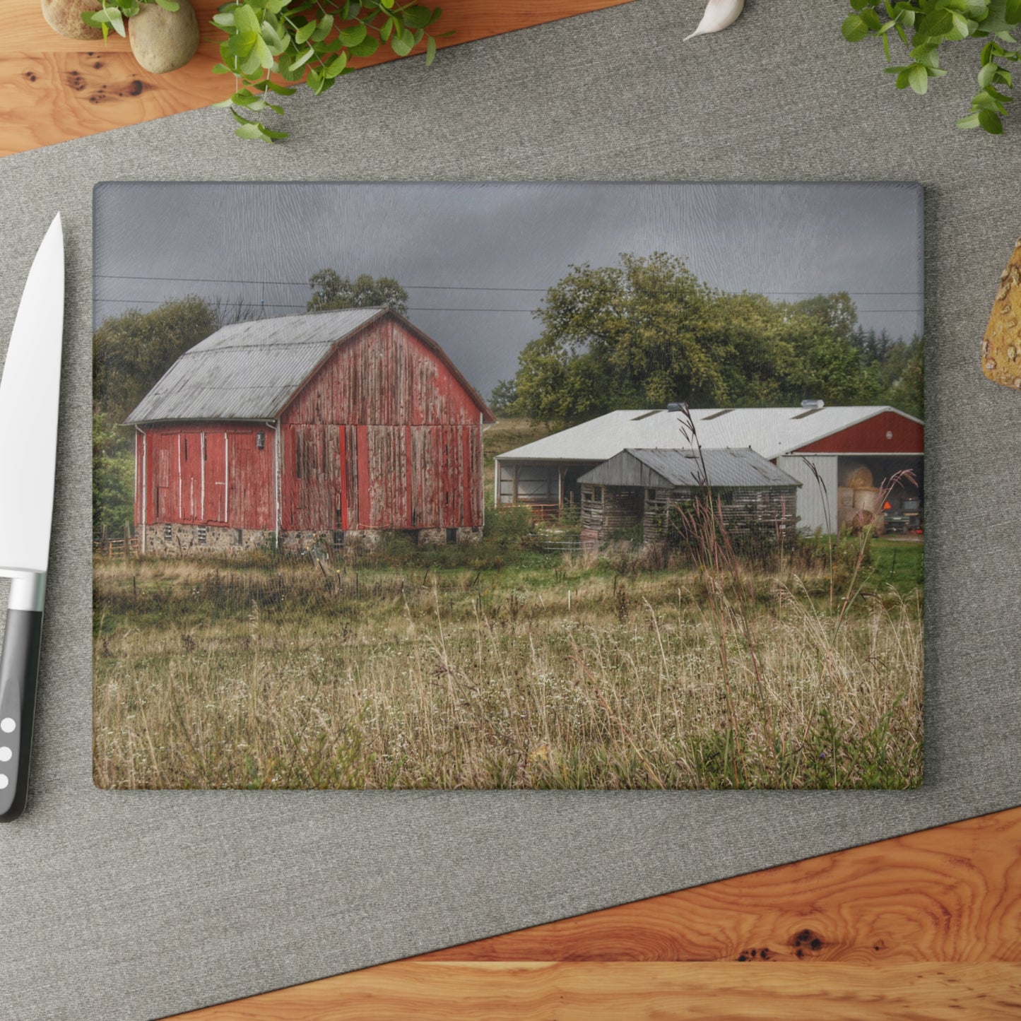 U R There Photography North Lake Road Red II Rustic Farmhouse Tempered-Glass Cutting Board