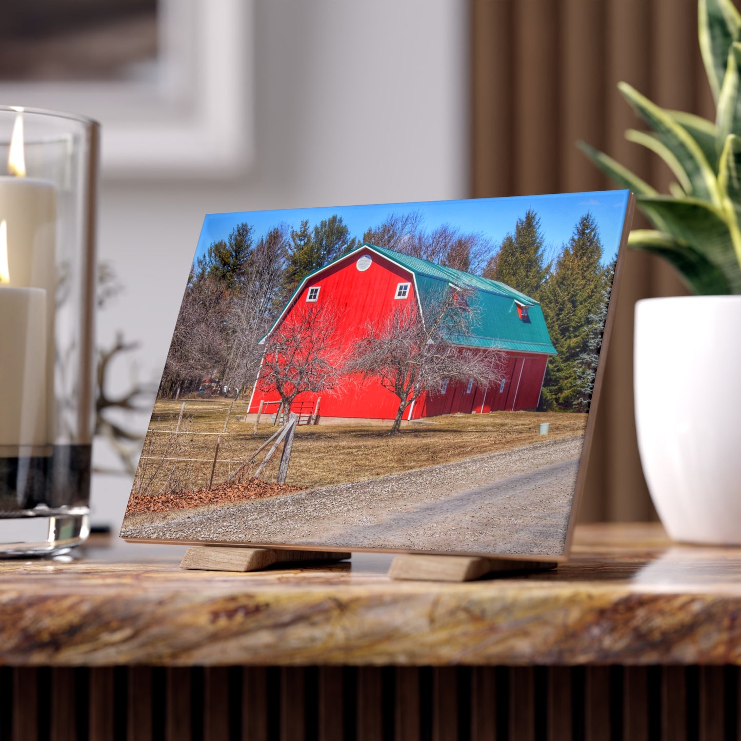 U R There Photography Campground Road Red Rustic Farmhouse Decorative Ceramic Tile
