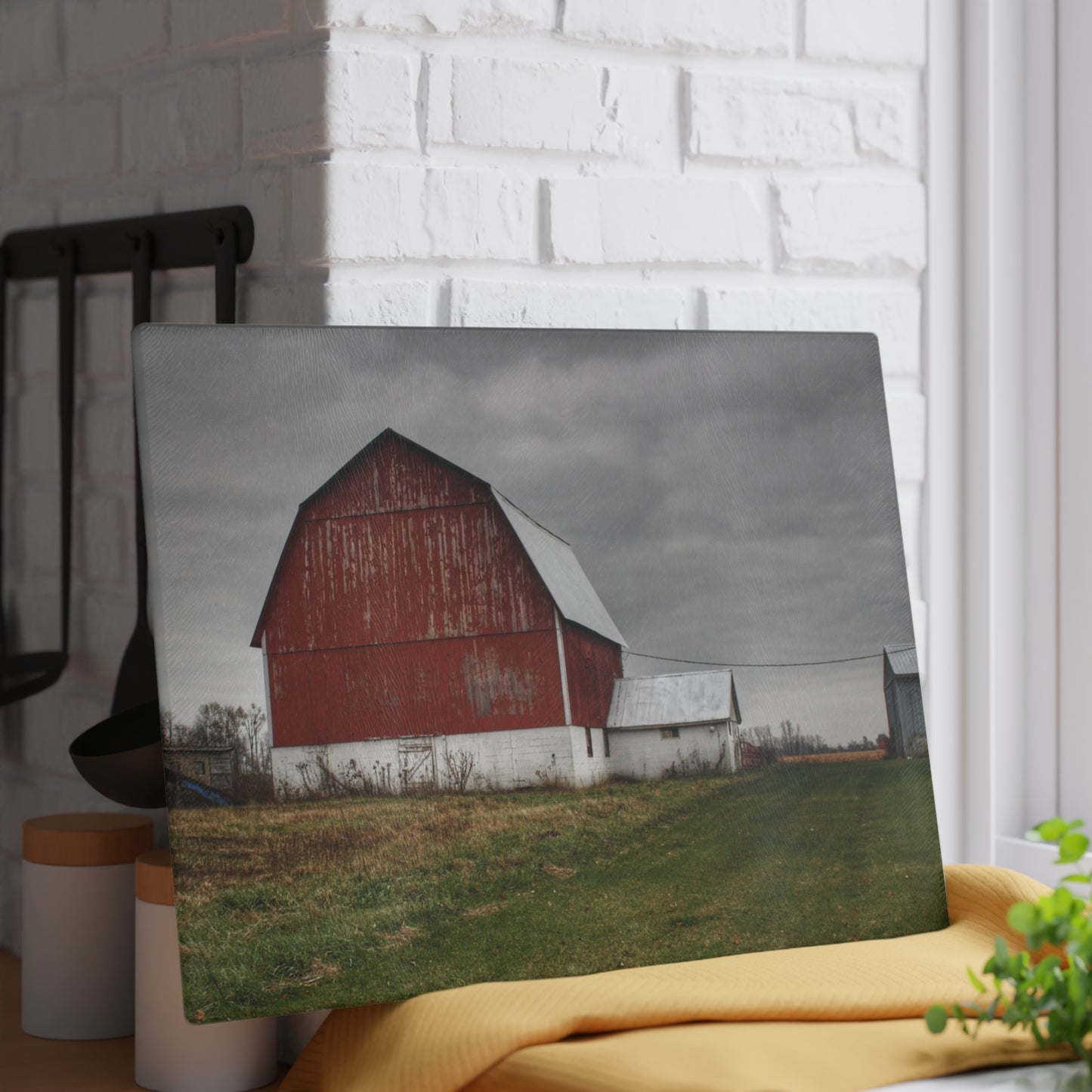 U R There Photography Mills Road Red I Rustic Farmhouse Tempered-Glass Cutting Board