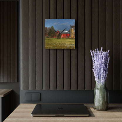 U R There Photography Columbiaville Road Red I Rustic Farmhouse Acrylic Analog Wall Clock