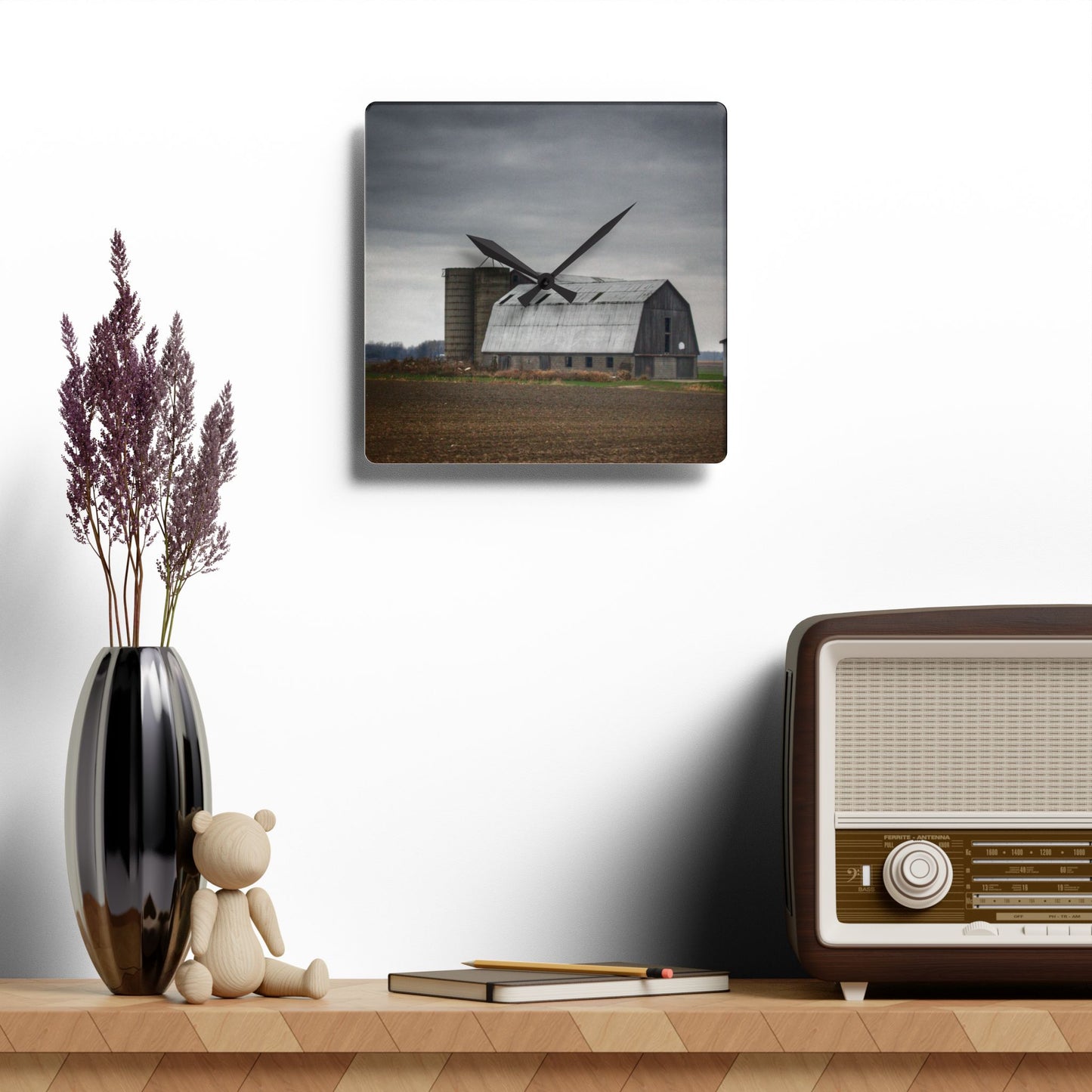 U R There Photography North Gates Road Old Grey II Rustic Farmhouse Acrylic Analog Wall Clock