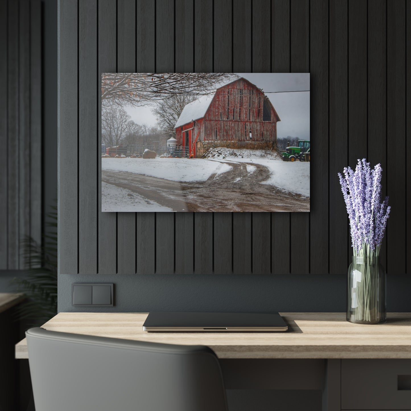 U R There Photography Marathon Road Red in Winter Rustic Farmhouse Acrylic Wall Print
