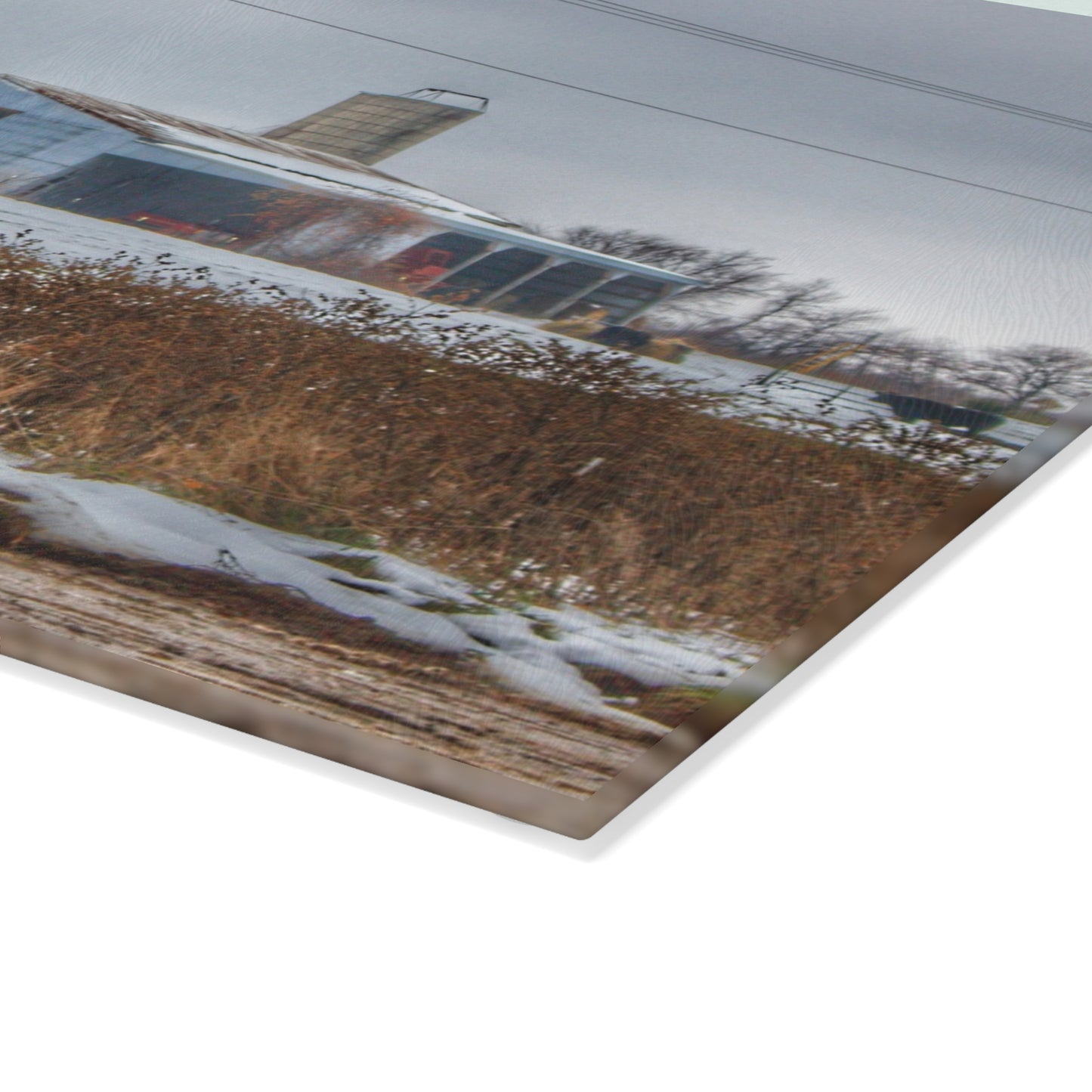 U R There Photography Noble Road Blue Cow Barn Rustic Farmhouse Tempered-Glass Cutting Board