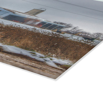 U R There Photography Noble Road Blue Cow Barn Rustic Farmhouse Tempered-Glass Cutting Board