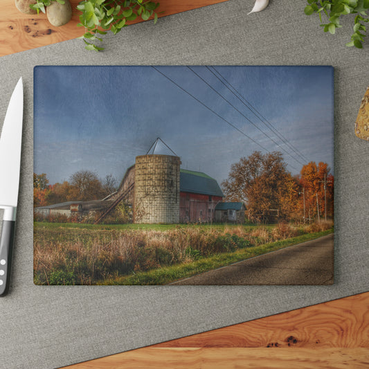 U R There Photography Plumb Creek Road Red in Fall I Rustic Farmhouse Tempered-Glass Cutting Board