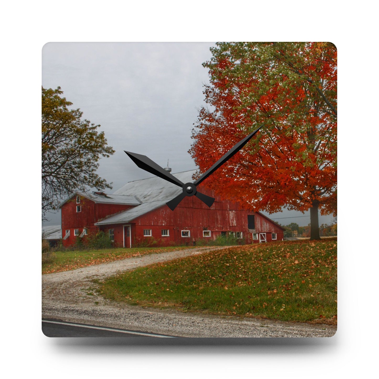 U R There Photography Goodrich Baldwin Road Reds II Rustic Farmhouse Acrylic Analog Wall Clock
