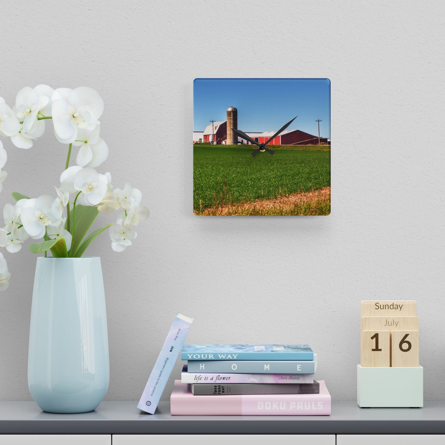 U R There Photography Pattison Road Farm Across the Field I Rustic Farmhouse Acrylic Analog Wall Clock