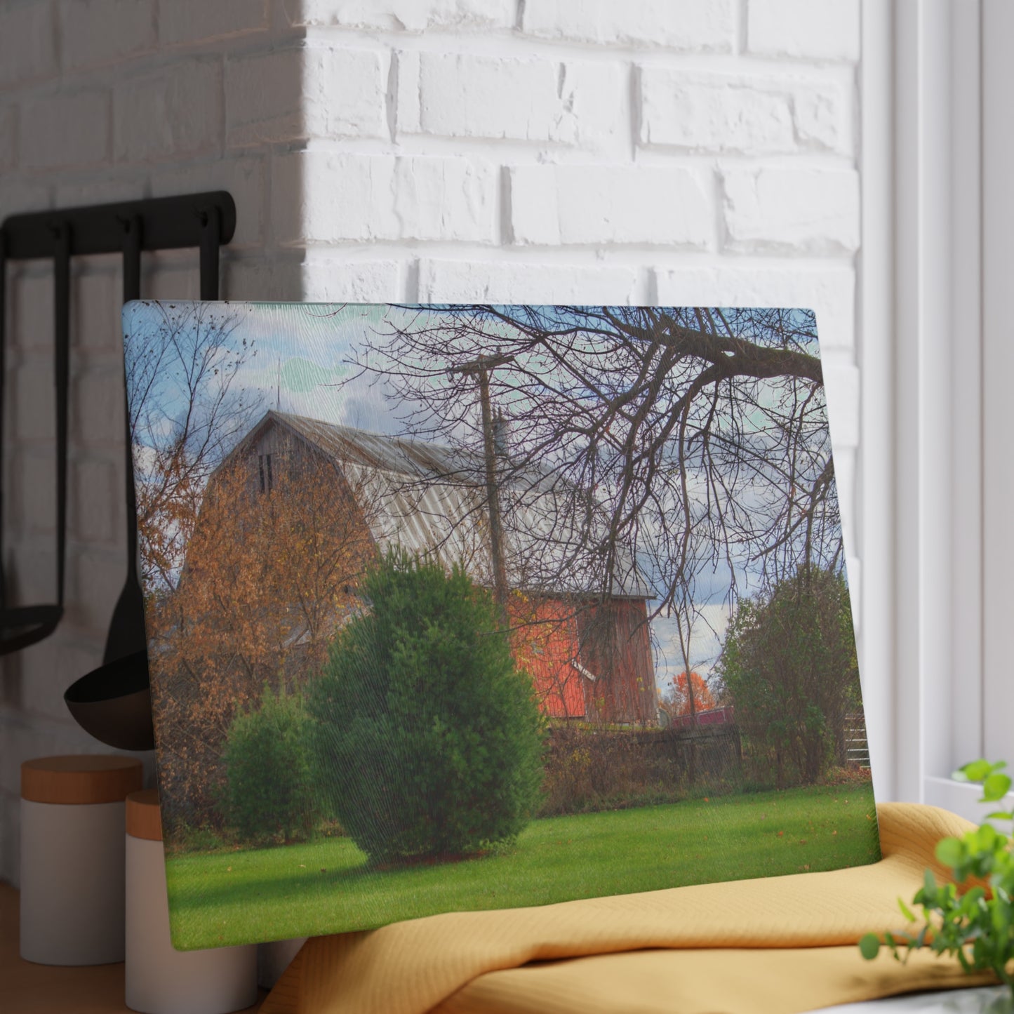 U R There Photography Millis Road Hidden Red Rustic Farmhouse Tempered-Glass Cutting Board